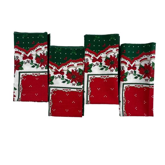 Sunweave Linen Corp Fabric Cloth Napkins Set of 4 Holiday Poinsettia Red Green - Picture 1 of 9
